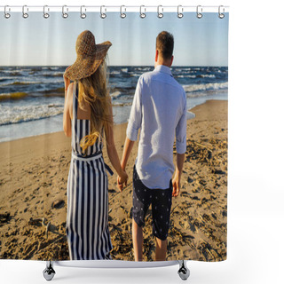Personality  Rear View Of Affectionate Couple Holding Hands And Walking On Sandy Beach On Summer Day Shower Curtains