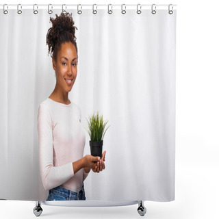 Personality  Half-turn Portrait Girl With Grass Pot In Her Hands. Concept World Environment Day Shower Curtains