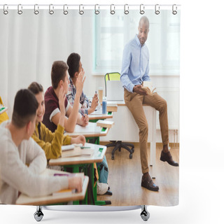 Personality  African American Teacher With Book In Hands And Multicultural Schoolchildren With Arms Up During Lesson  Shower Curtains