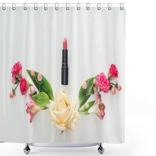 Personality  Top View Of Composition With Alstroemeria, Roses, Berries And Lipstick On White Background Shower Curtains