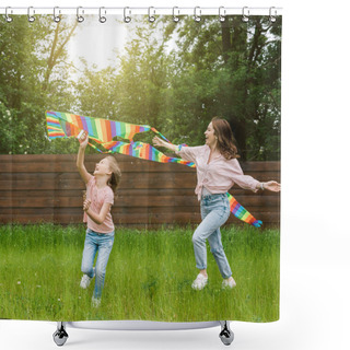 Personality  Happy Mother With Outstretched Hands Near Cute Kid With Colorful Kite  Shower Curtains