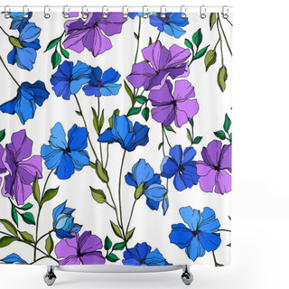 Personality  Vector Flax Floral Botanical Flowers. Blue And Violet Engraved Ink Art. Seamless Background Pattern. Shower Curtains