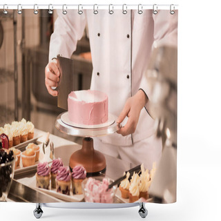 Personality  Cropped Shot Of Confectioner Making Cake In Restaurant Kitchen Shower Curtains