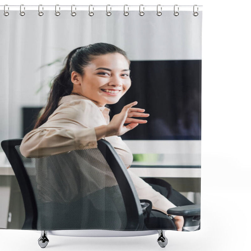 Personality  Beautiful Young Businesswoman Waving Hand And Smiling At Camera While Working In Office Shower Curtains