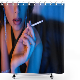Personality  Cropped View Of Stylish Woman In Dress Holding Cigarette While Sitting In Neon Light In Night Club Shower Curtains