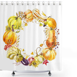 Personality  Autumn Leaves And Pumpkins Wreath With Space Text On White Background. Seasonal Floral Maple Oak Tree Orange Leaves With Gourds For Thanksgiving Holiday, Harvest Decoration Watercolor Design. Shower Curtains