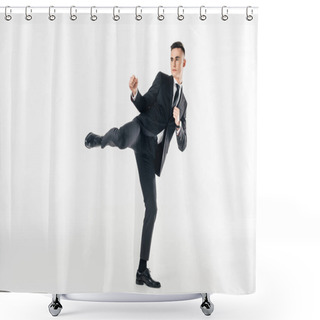 Personality  Businessman In Suit Performing Karate Kick Isolated On White Shower Curtains