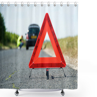 Personality  Red Warning Triangle With A Broken Down Car Shower Curtains