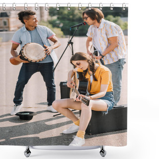 Personality  Young And Happy Multiracial Male And Female Street Musicians In City Shower Curtains