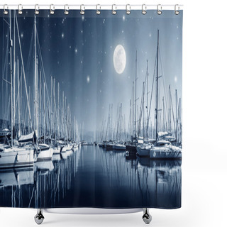 Personality  Yacht Harbor At Night Shower Curtains