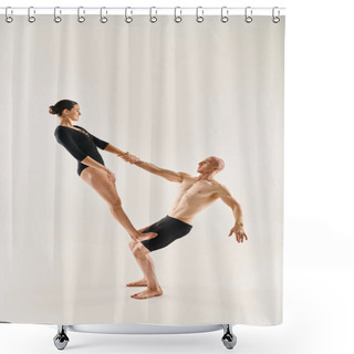 Personality  A Shirtless Young Man And A Young Woman Engage In An Acrobatic Dance, Appearing To Defy Gravity Against A White Studio Backdrop. Shower Curtains
