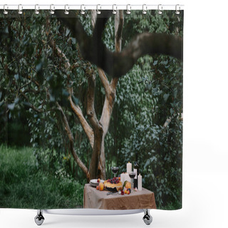 Personality  Candles, Wine And Berries Pie On Table In Garden Shower Curtains