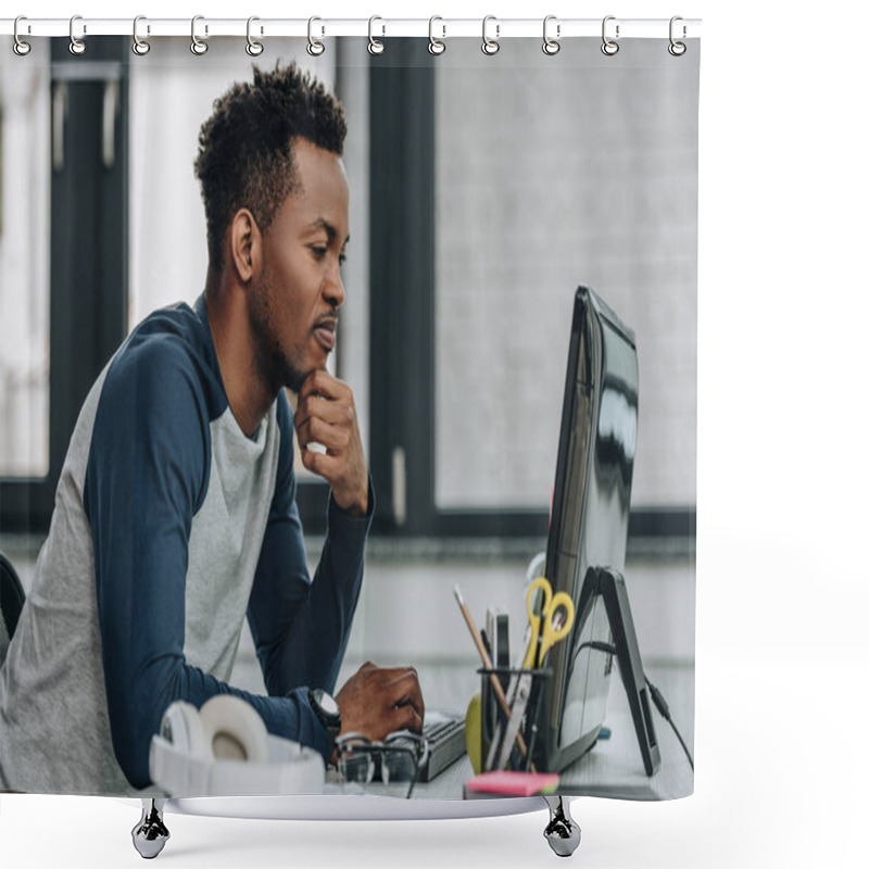 Personality  Attentive African American Programmer Working On Computer In Office Shower Curtains