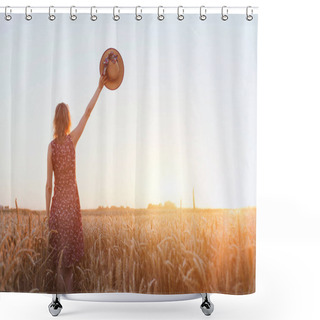 Personality  Goodbye Or Parting Background, Farewell, Woman Waving Hand In The Field Shower Curtains