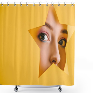 Personality  Portrait Of Beautiful Woman With Shiny Makeup In Paper Star Shaped Hole Looking At Camera Isolated On Yellow Shower Curtains