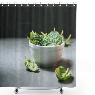 Personality  Vegetarian Spinach Leaves In White Bowl On Grey Background Shower Curtains