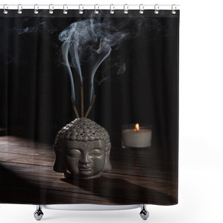 Personality  Sculpture Of Buddha Head With Burning Incense Sticks And Candle On Table Shower Curtains