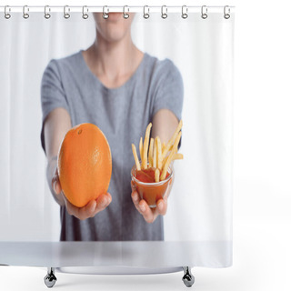Personality  Cropped Shot Of Girl Holding Ripe Orange And Ketchup With French Fries  Shower Curtains
