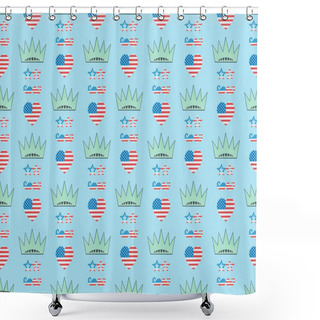 Personality  Seamless Background Pattern With Hearts, Mustache And Glasses Made Of Us National Flags And Crowns On Blue, Independence Day Concept Shower Curtains