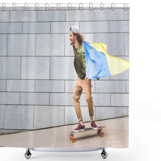 Personality  Happy Man In Casual Wear And Ukrainian Flag Riding On Skateboard Shower Curtains