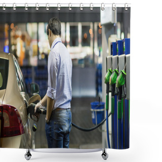 Personality  Young Man Fueling His Car At The Gas Station Shower Curtains