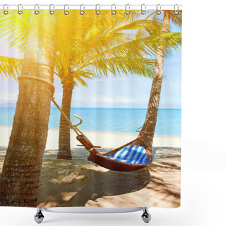 Personality  Empty Hammock Between Palms Trees At Sandy Beach Shower Curtains