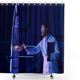 Personality  Futuristic Concept, Indian Scientist Touching Hand Appearing From Experimental Device Shower Curtains