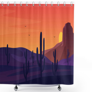 Personality  Texas Or Mexican Desert Panorama Landscape. American Traditional Nature Background. Vector Prairie Landscape With Sun And Cactuses. Retro Arizona Western Day Sunset For Print, Poster Or Wall Picture. Shower Curtains