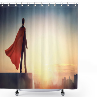 Personality  Superhero Businessman Looking At City Skyline At Sunset. The Concept Of Success, Leadership And Victory In Business. Shower Curtains