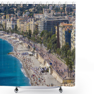 Personality  NICE, FRANCE - OCTOBER 6, 2019: Unidentified People On The Beach And The Promenade Des Anglais At French Riviera In Nice, France. In Nie There Are 15 Private And 20 Public Beaches. Shower Curtains