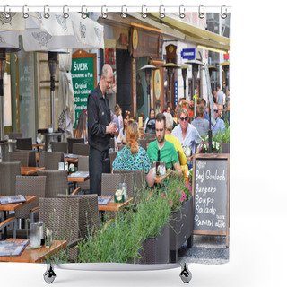 Personality  PRAGUE, CZECH REPUBLIC - May 25, 2019: Tables Restaurant In The Old Streets Of The City. Shower Curtains