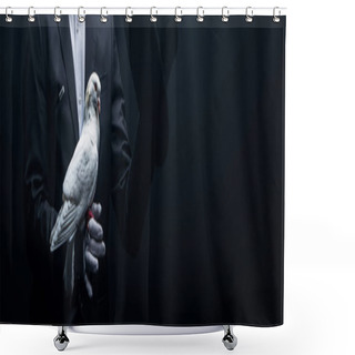 Personality  Panoramic Shot Of Magician Showing Holding Dove And Hat, Isolated On Black Shower Curtains