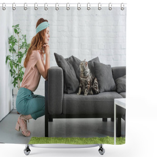 Personality  Smiling Young Woman Looking At Her Tabby Cat While He Sitting On Couch At Home Shower Curtains