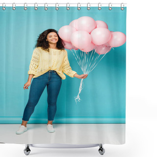 Personality  Cheerful Curly African American Girl Holding Pink Air Balloons On Blue Shower Curtains