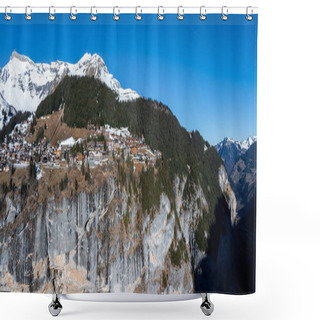 Personality  Aerial Shot Of Serene Murren, Switzerland, With Its Alpine Architecture Among Snow Capped Peaks, Dense Forests, On A Cliffs Edge Facing The Rugged Swiss Alps. Shower Curtains
