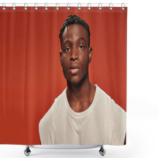 Personality  Portrait Of Young Handsome African American Man In White Tank Top Looking At Camera On Red Backdrop Shower Curtains