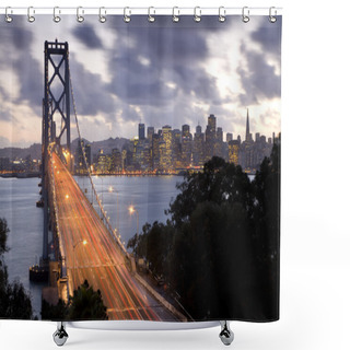 Personality  Time Exposure Image Of Traffic On The Bay Bridge From Treasure Island With San Francisco In The Backgroung At Sunset. Shower Curtains