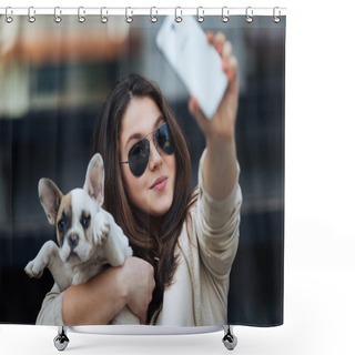 Personality  Girl In Sunglasses Making Self Portrait Shower Curtains