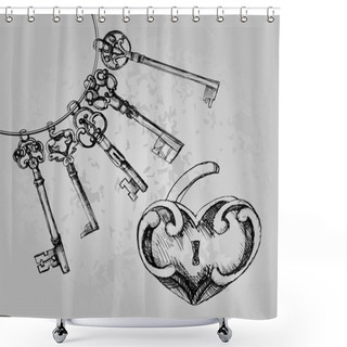 Personality  Decorative Heart Shaped Lock With Keys. Shower Curtains