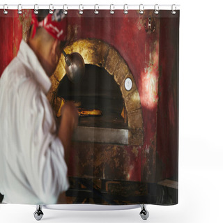 Personality  Cropped Shot Of Chef Taking Pizza From Stone Oven At Restaurant Kitchen Shower Curtains