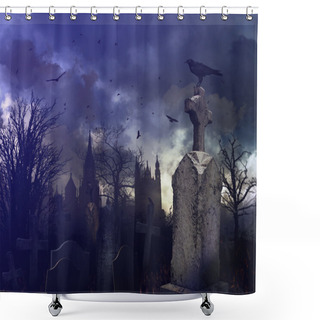 Personality  Night Scene In A Spooky Graveyard Shower Curtains
