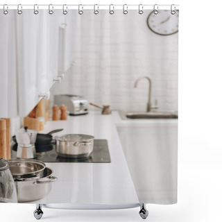 Personality  Selective Focus Of Pans And Cezve On Surface In Kitchen Shower Curtains