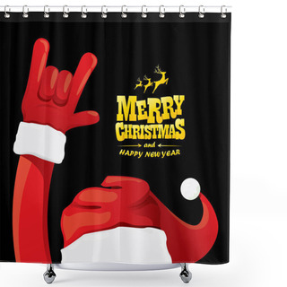 Personality  Vector Cartoon Santa Claus Rock N Roll Style With Golden Greeting Text On Black Background With Christmas Star Lights. Merry Christmas Rock N Roll Party Poster Design Or Greeting Card. Shower Curtains