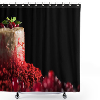 Personality  Selective Focus Of White Cake Decorated With Mint Leaves Near Currants Isolated On Black Shower Curtains