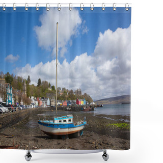 Personality  Tobermory West Coast Of Scotland On Isle Of Mull Scottish Inner Hebrides With Sailing Boat And Harbour Shower Curtains