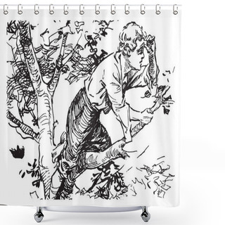 Personality  Little Lombard Sentinel, This Picture Shows A Boy On Tree And Looking At Something, Vintage Line Drawing Or Engraving Illustration Shower Curtains