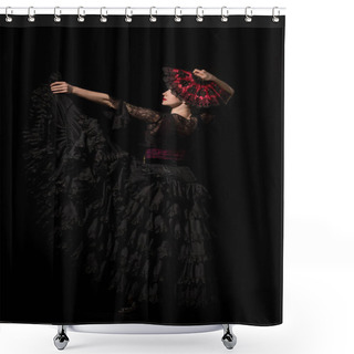 Personality  Young And Beautiful Dancer Holding Fan While Dancing Flamenco Isolated On Black  Shower Curtains