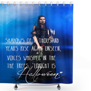 Personality  Bride In Black Dress And Veil Holding Rose And Candles Near Poem On Blue With Smoke Shower Curtains