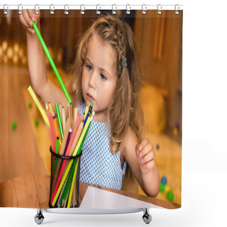 Personality  Adorable Child Taking Green Felt Tip Pen For Drawing In Kindergarten Shower Curtains