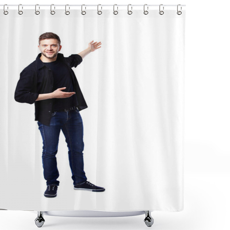 Personality  Happy Business Man Presenting And Showing With Copy Space For Yo Shower Curtains